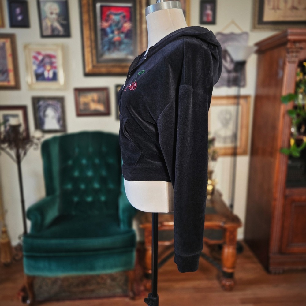 Velour Zip Up Hoodie SWS Athletics Black Cherry Rhinestone Y2K Cropped XS Jacket - Picture 3 of 6